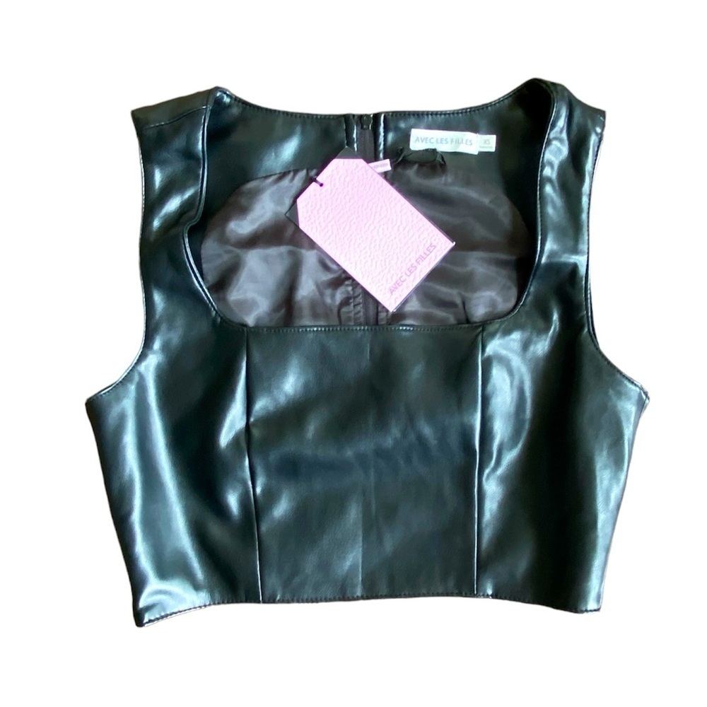 Avec Les Filles Black Faux Leather Sleeveless Crop Top Size XS NWT